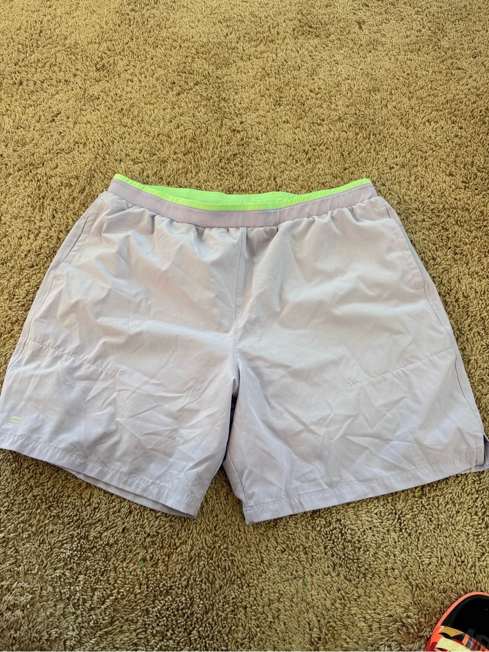 Fabletics Men's 2 in 1 Lavender Athletic Shorts with Neon Green Waistband